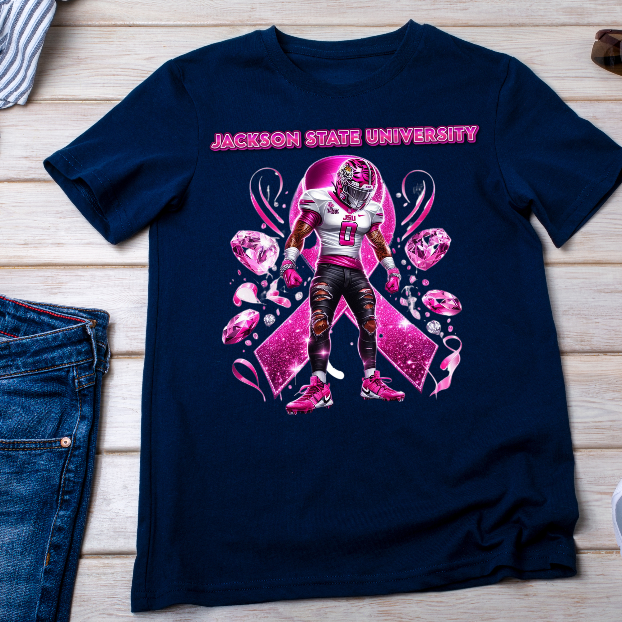 Jackson State University Breast Cancer Awareness Football T-Shirt | Pink Ribbon JSU Tigers Tee