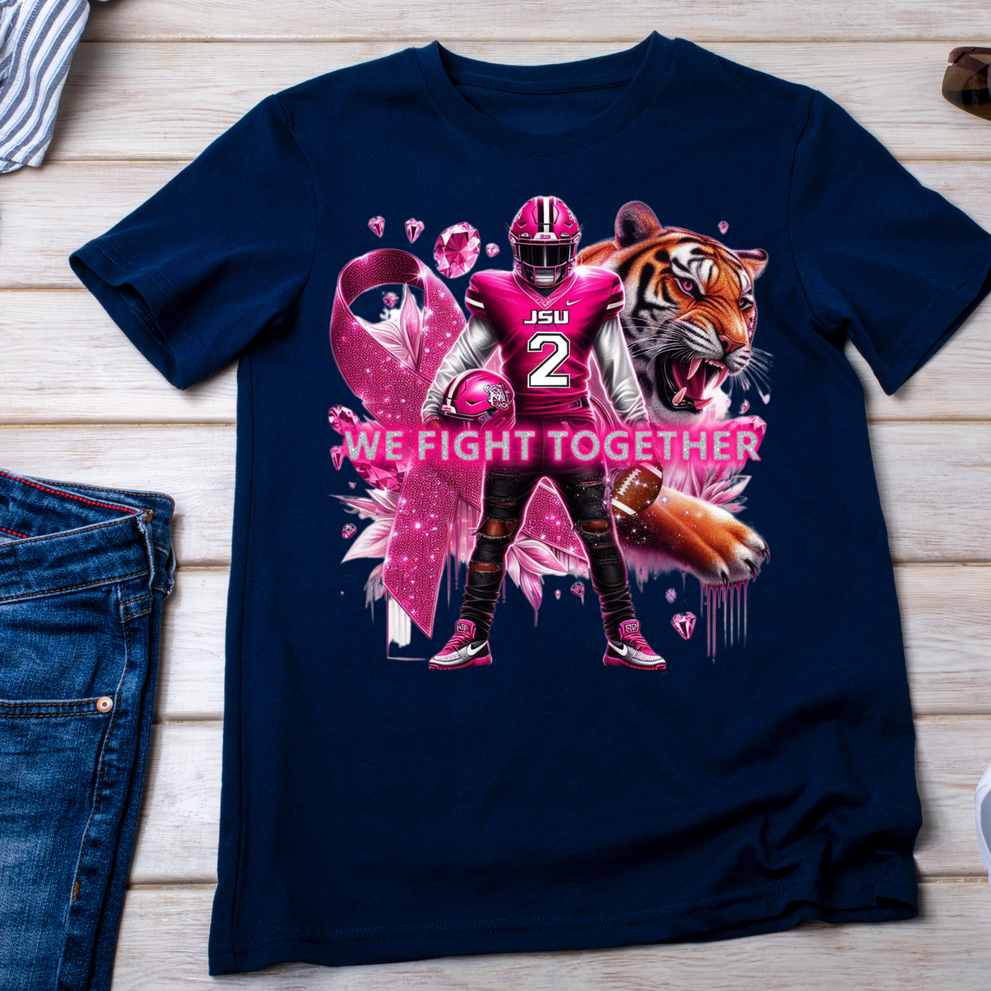 JSU Tigers Breast Cancer Awareness T-Shirt | We Fight Together Pink Ribbon Football Tee